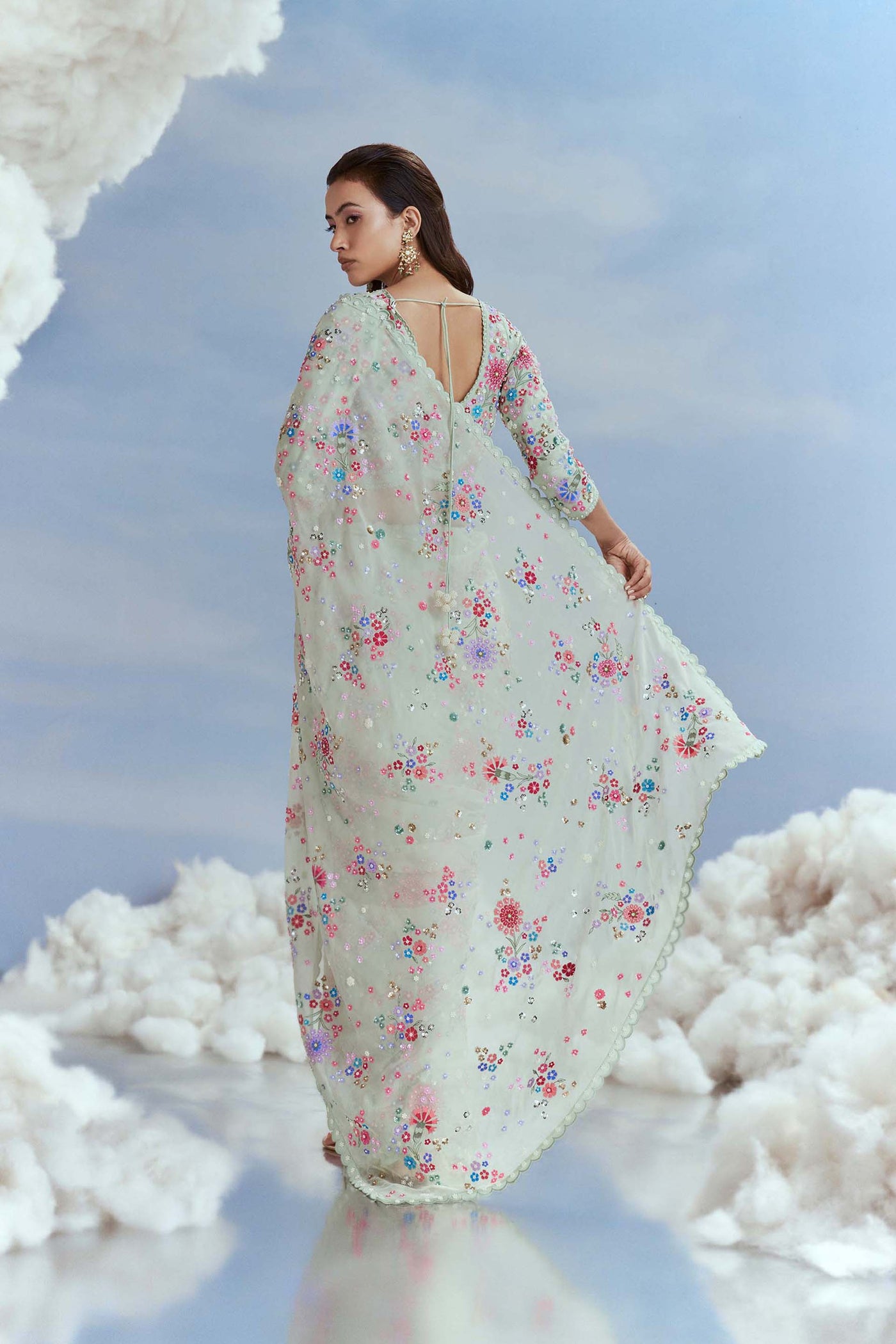 Nachiket Barve Izmir Carnations Mint Organza Sari Set indian designer wear online shopping melange singapore