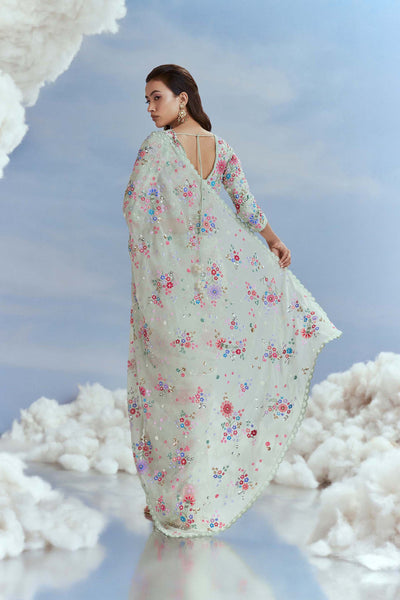 Nachiket Barve Izmir Carnations Mint Organza Sari Set indian designer wear online shopping melange singapore