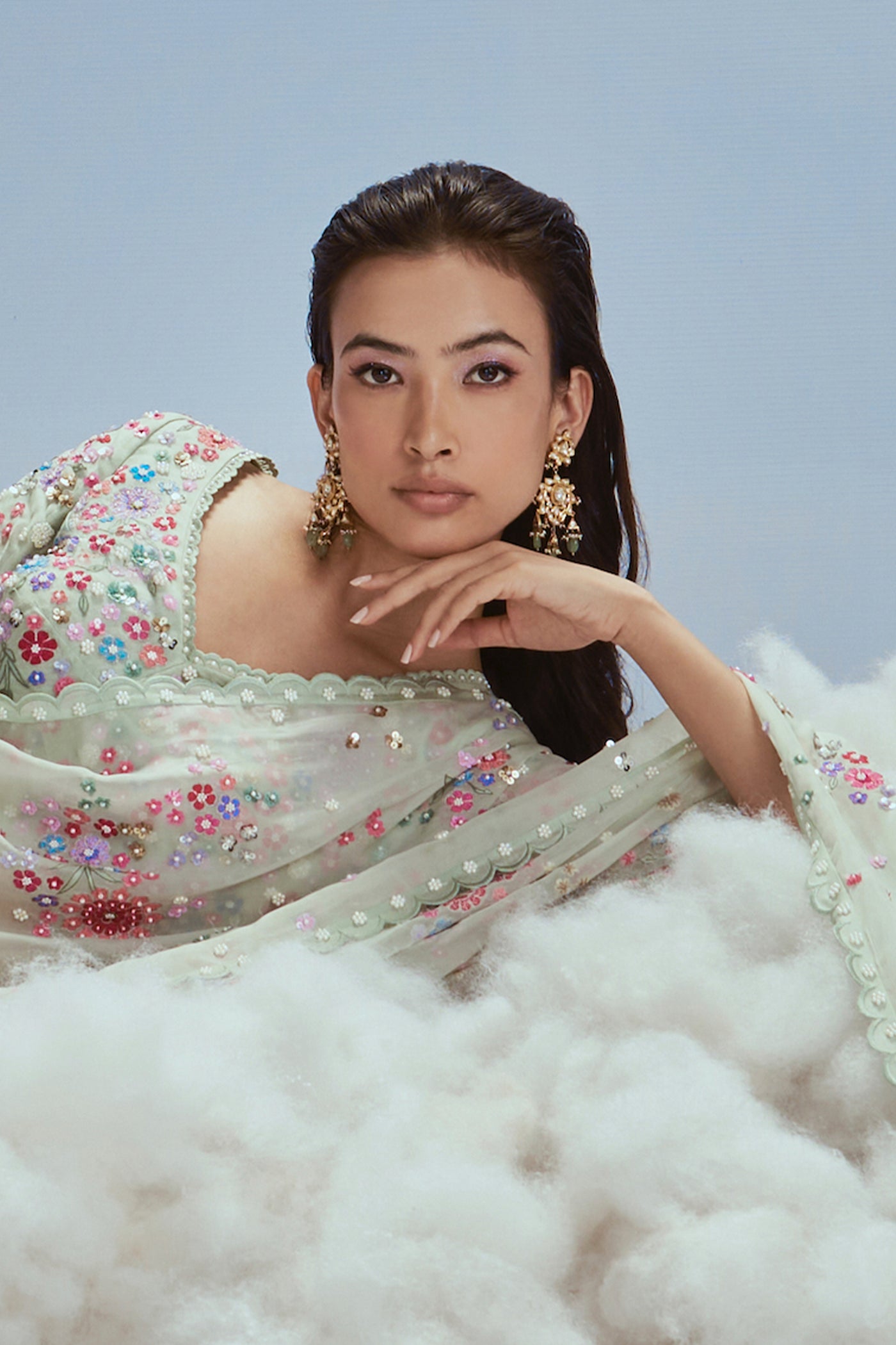 Nachiket Barve Izmir Carnations Mint Organza Sari Set indian designer wear online shopping melange singapore