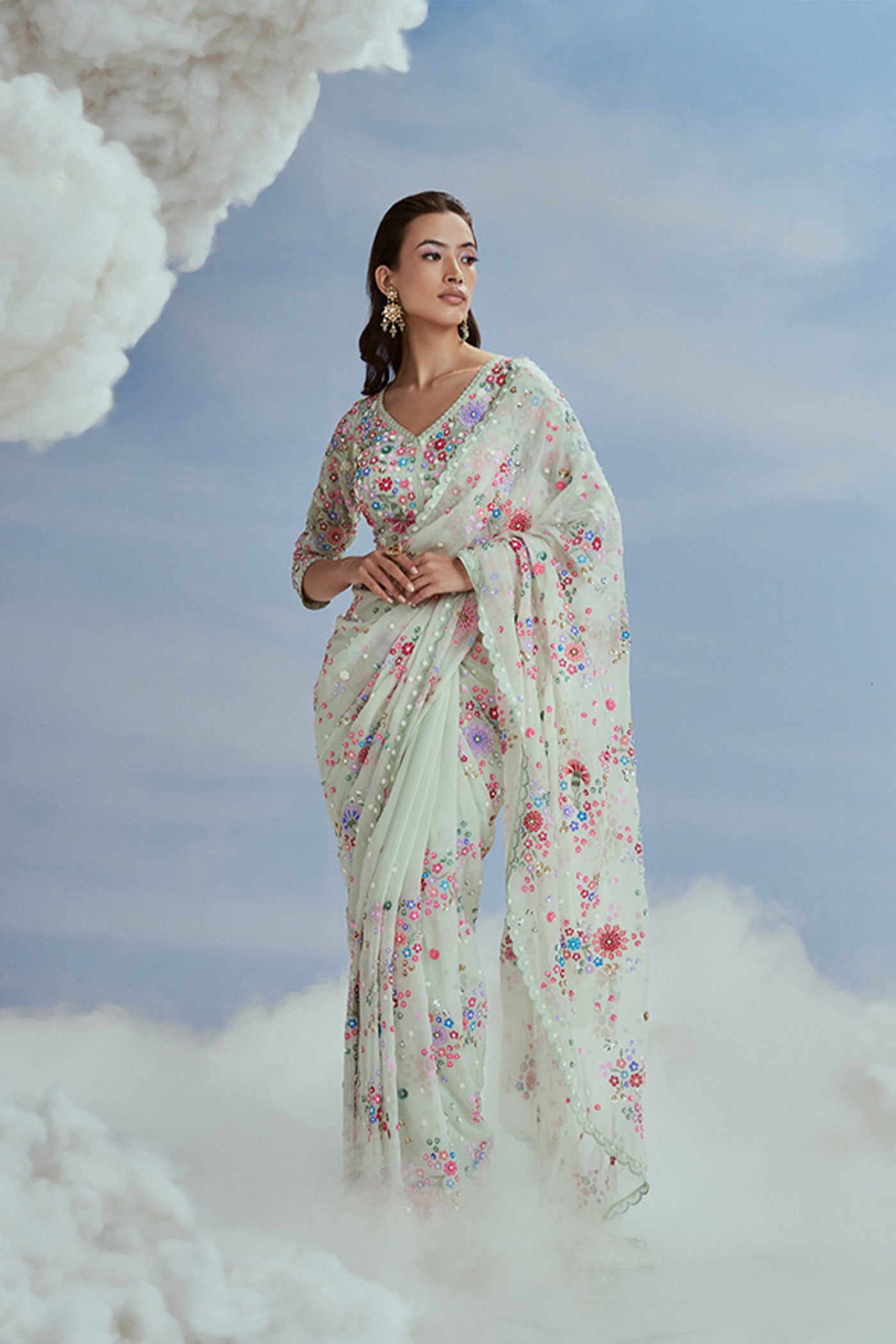 Nachiket Barve Izmir Carnations Mint Organza Sari Set indian designer wear online shopping melange singapore