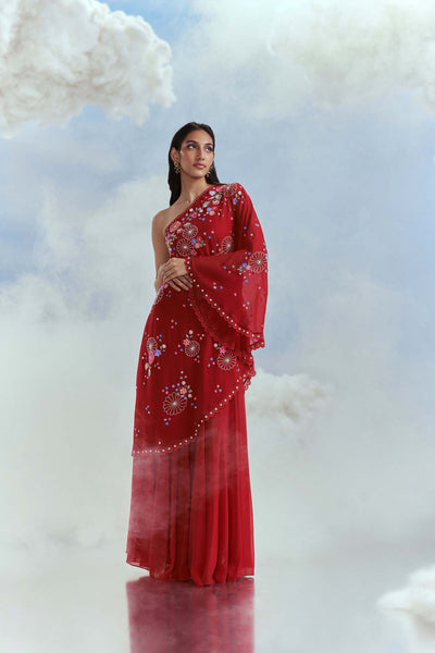 Nachiket Barve Lunar Blossom Toga Red indian designer wear online shopping melange singapore