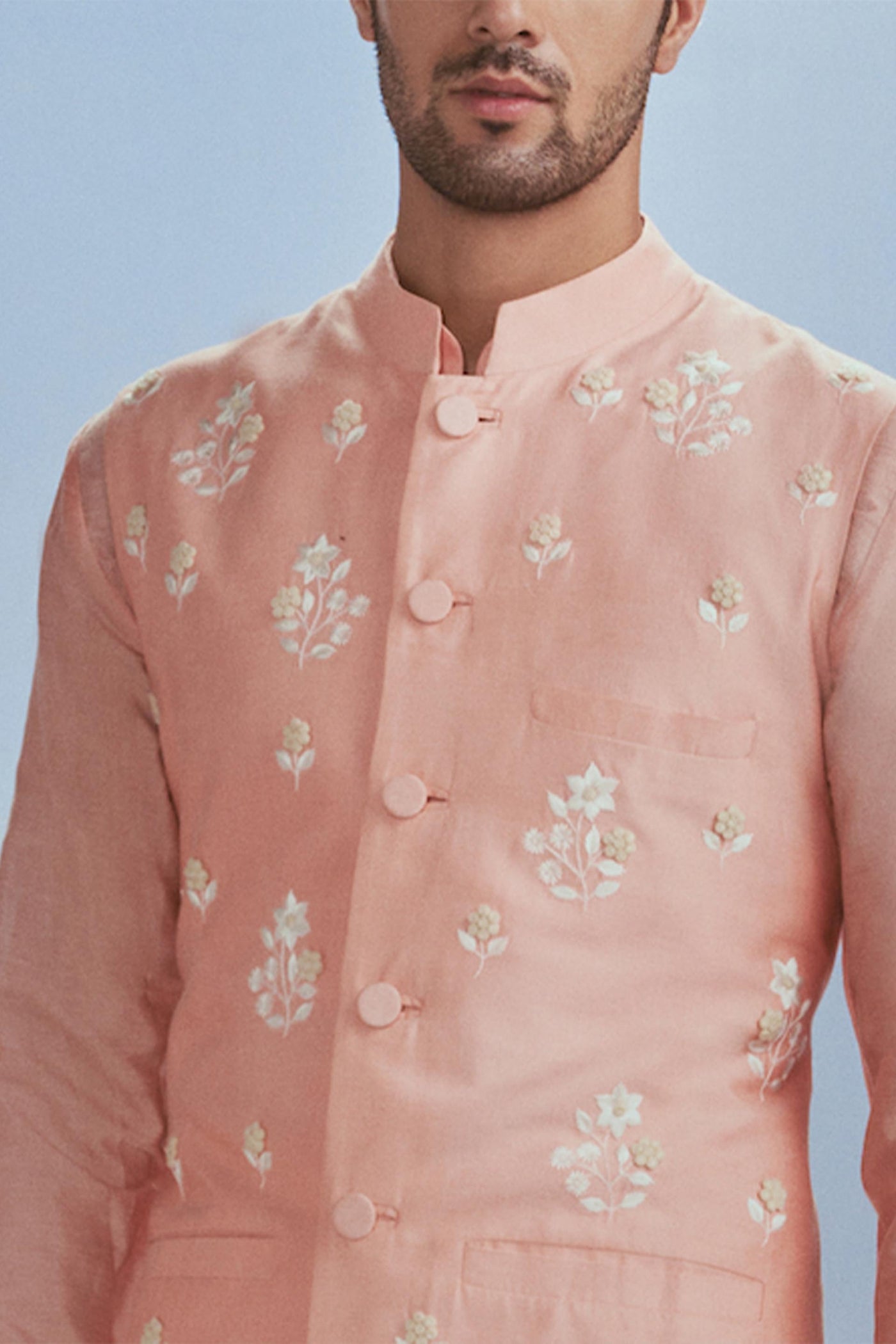 Nachiket Barve Menswear Mehtab Bagh Jaal Bundi Kurta Set Salmon indian designer wear online shopping melange singapore