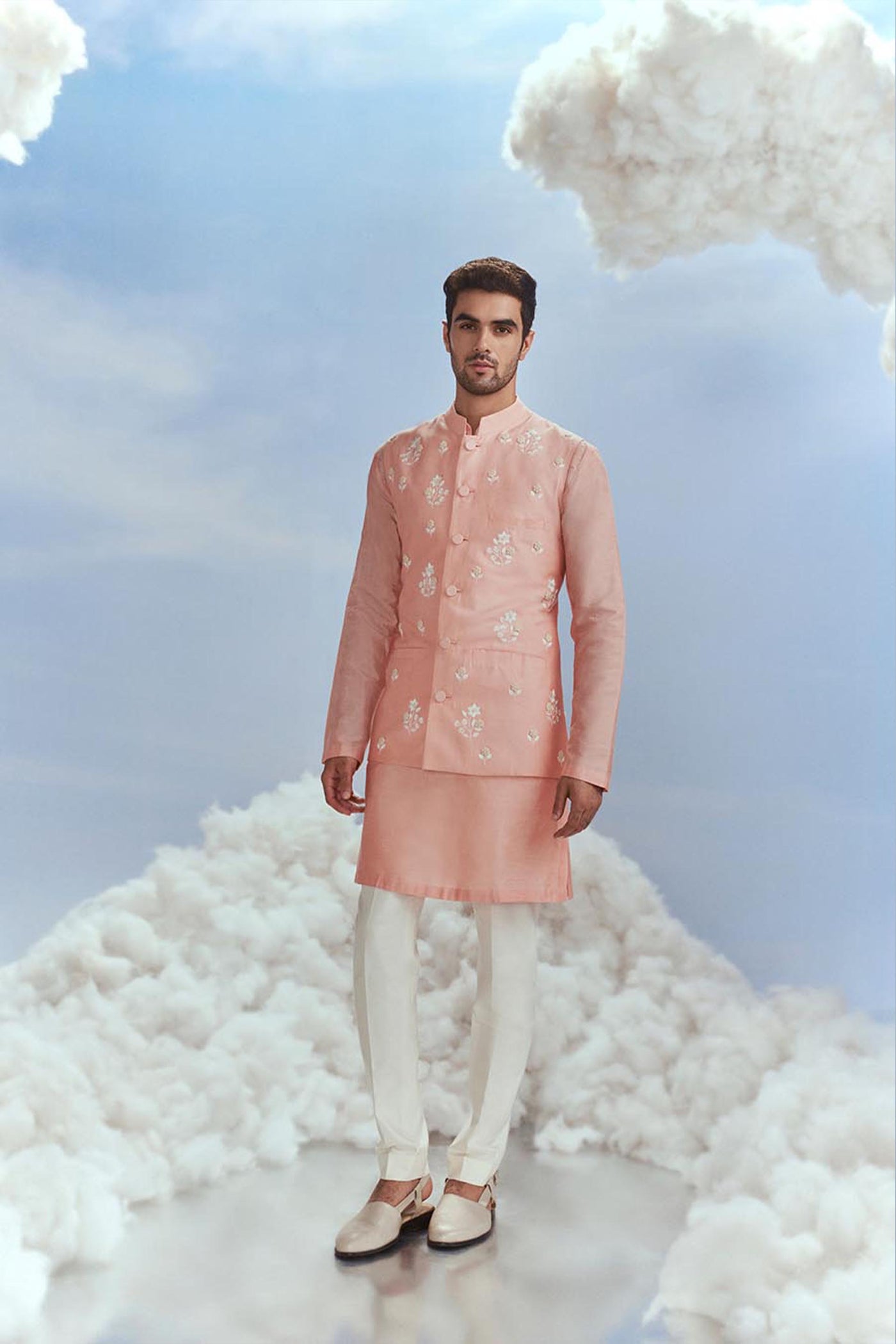 Nachiket Barve Menswear Mehtab Bagh Jaal Bundi Kurta Set Salmon indian designer wear online shopping melange singapore