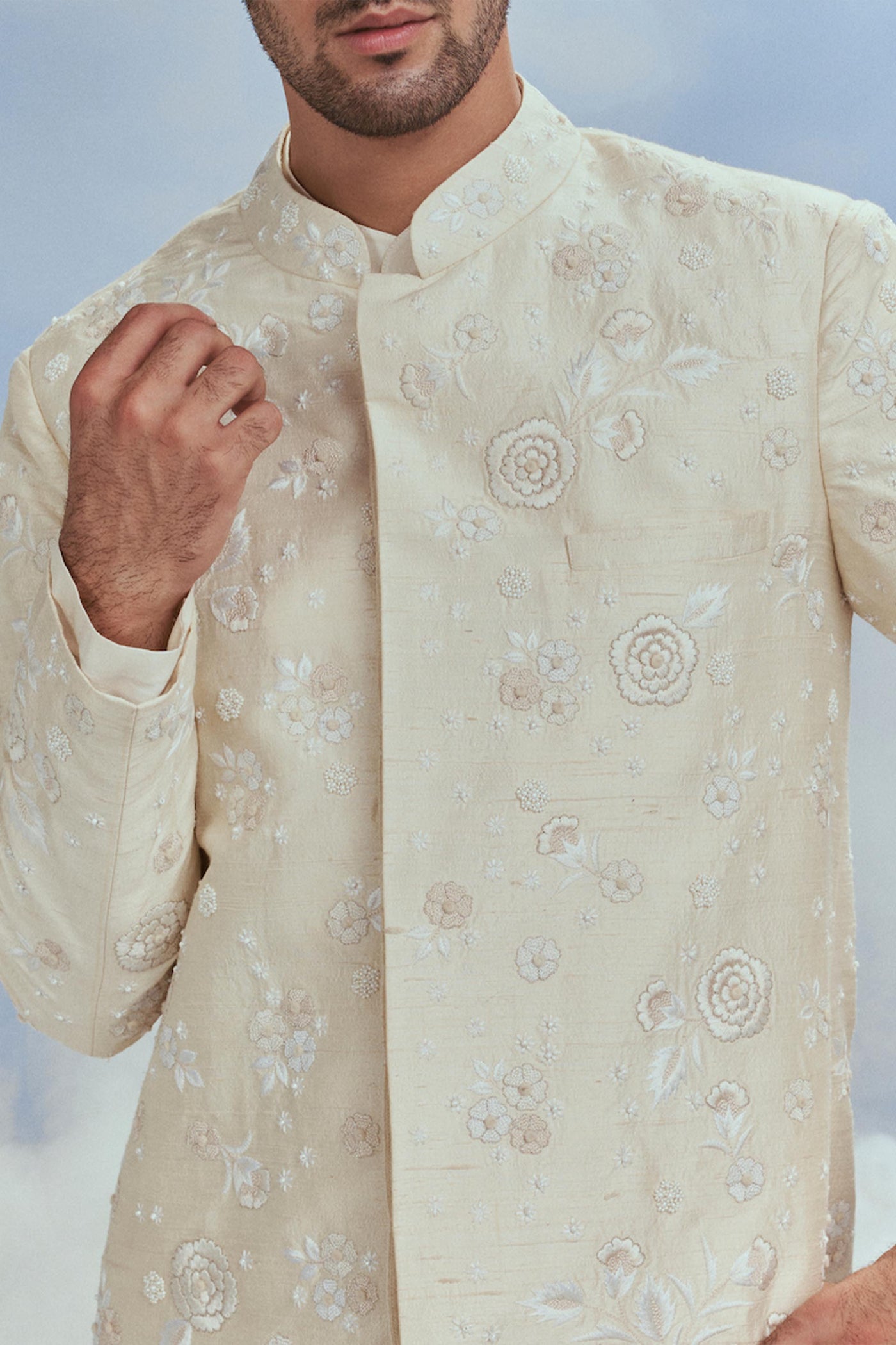 Nachiket Barve Menswear Mehtab Bagh Jaal Short Sherwani indian designer wear online shopping melange singapore