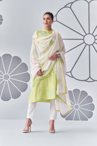 Chrysanthemum Felt Applique Kurta with Chrysanthemum Dupatta and Pants Melange Singapore Online Shopping Indian Designer Wear