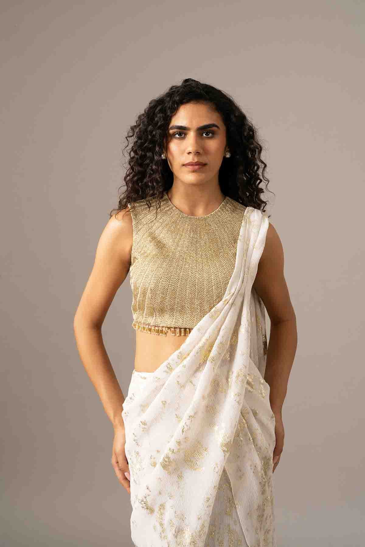 Namrata Joshipura Chevron Dust Blouse With Mermaid Drape Saree indian designer wear online shopping melange singapore 