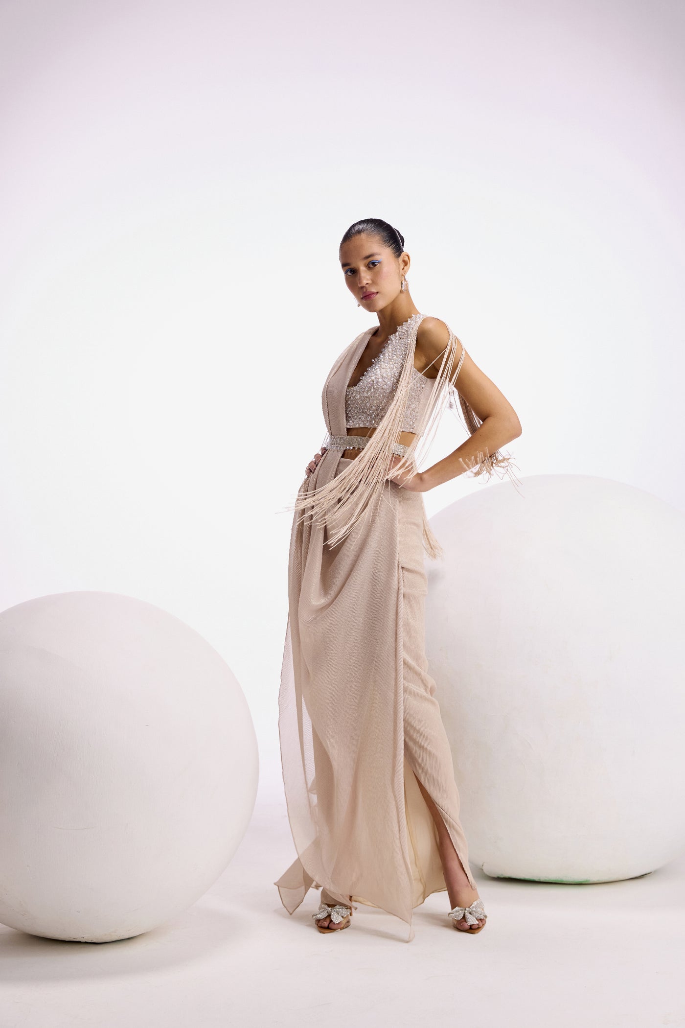 Namrata Joshipura Crystal Drop Fringe Drape Saree indian designer wear online shopping melange singapore