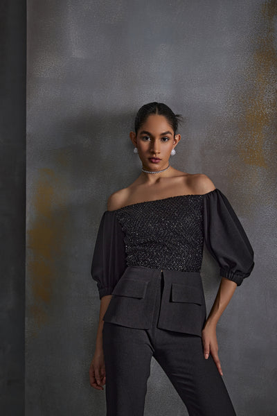 Namrata Joshipura Midnight Off Shoulder Pant Set Indian designer wear online shopping melange singapore