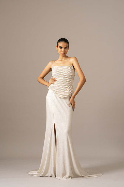 Namrata Joshipura Pearl Drops Corset With Trail Skirt Set indian designer wear online shopping melange singapore 