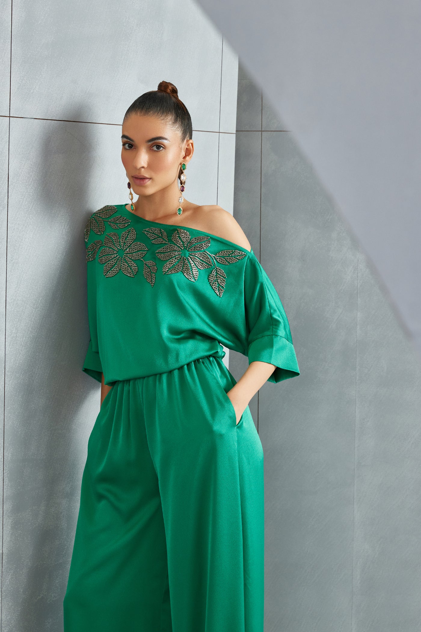 Namrata JoshipuraRiver Leaf Drop Shoulder Jumpsuit Indian designer wear online shopping melange singapore