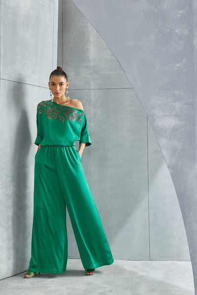 Namrata JoshipuraRiver Leaf Drop Shoulder Jumpsuit Indian designer wear online shopping melange singapore