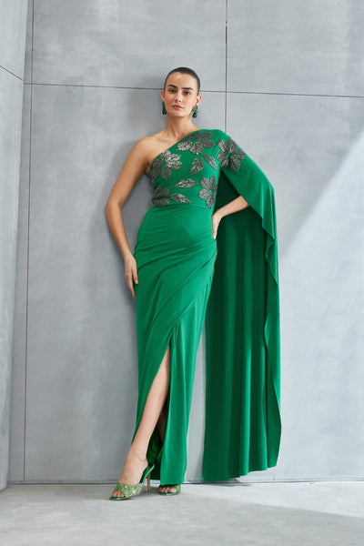 Namrata Joshipura River Leaf One off Shoulder Gown Indian designer wear online shopping melange singapore