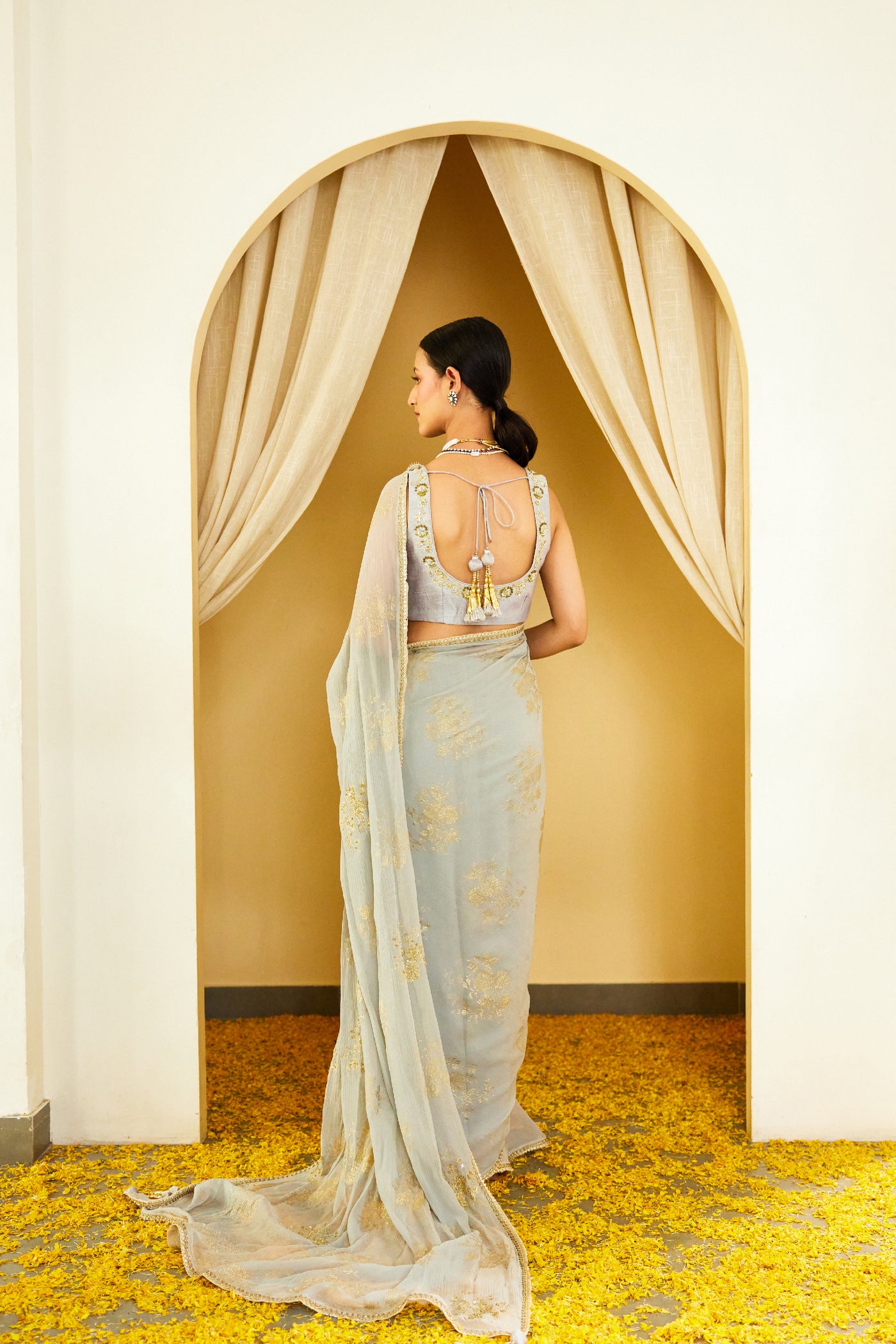 Nikasha Grey Foil Pure Silk Chiffon Saree Indian designer wear online shopping melange singapore