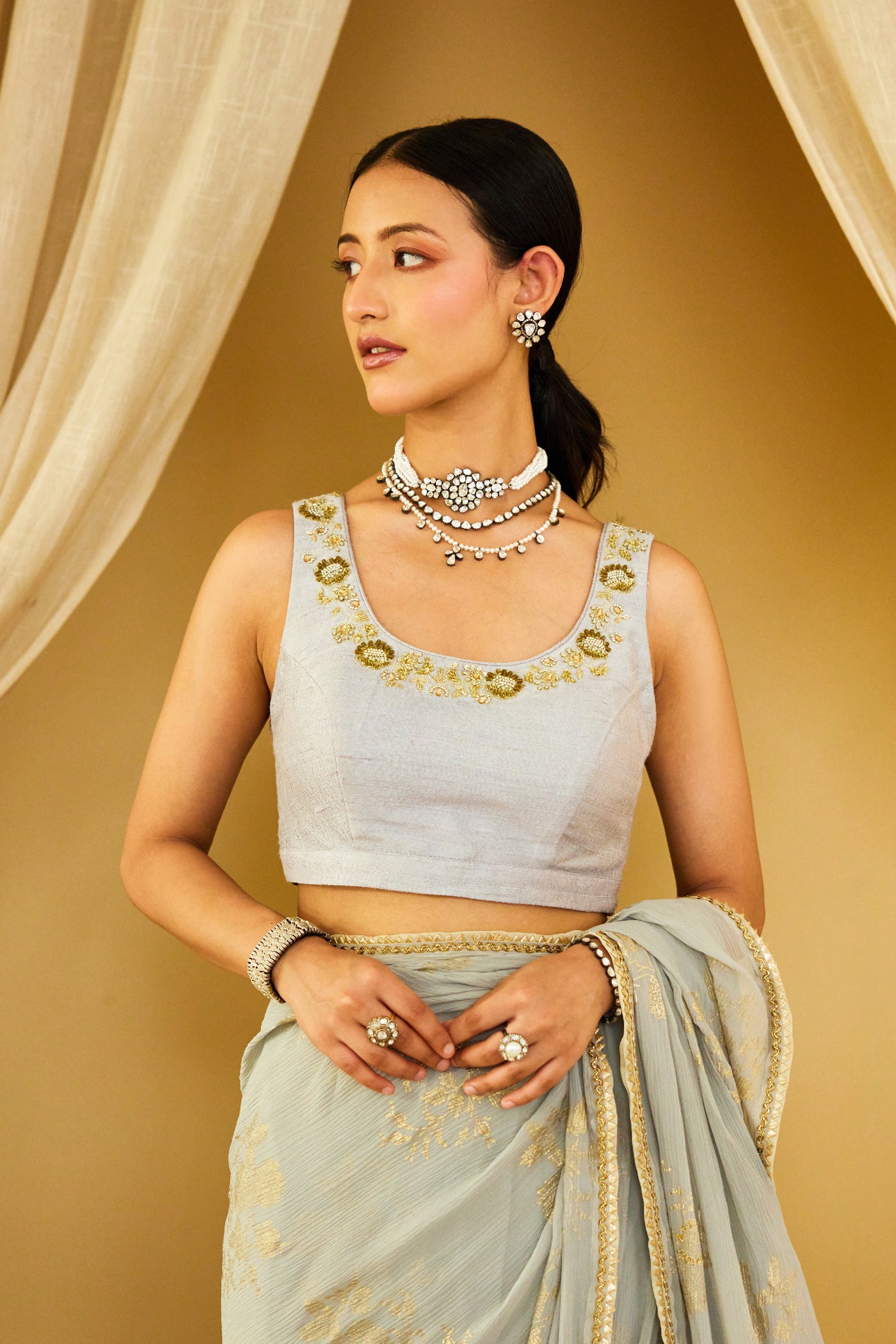 Nikasha Grey Foil Pure Silk Chiffon Saree Indian designer wear online shopping melange singapore