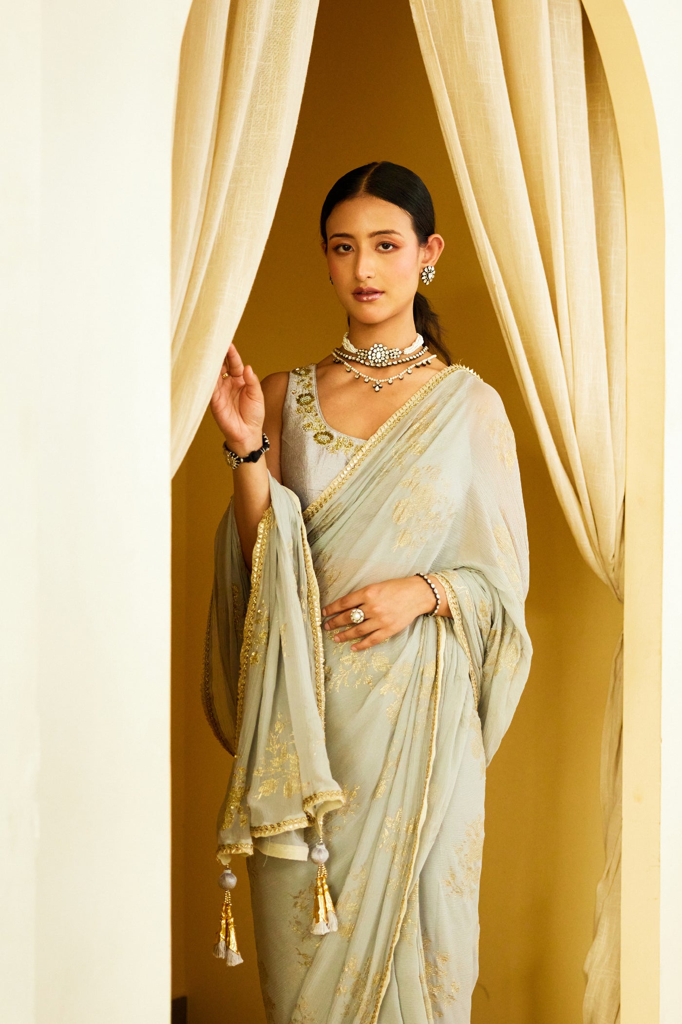 Nikasha Grey Foil Pure Silk Chiffon Saree Indian designer wear online shopping melange singapore