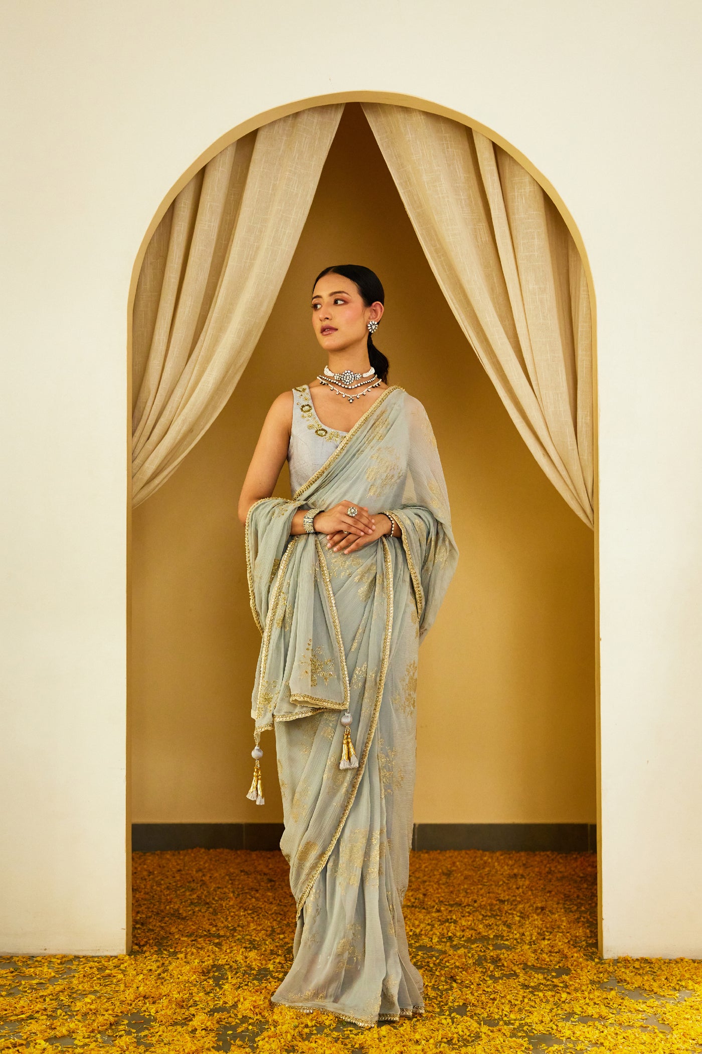 Nikasha Grey Foil Pure Silk Chiffon Saree Indian designer wear online shopping melange singapore