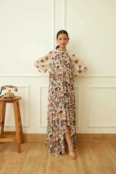 Nikasha Ivory Kohinoor Jaal Print Asymmetrical Dress Indian designer wear online shopping melange singapore