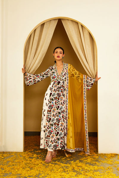 Nikasha Ivory Kohinoor Jaal Print Kalidar Set Indian designer wear online shopping melange singapore