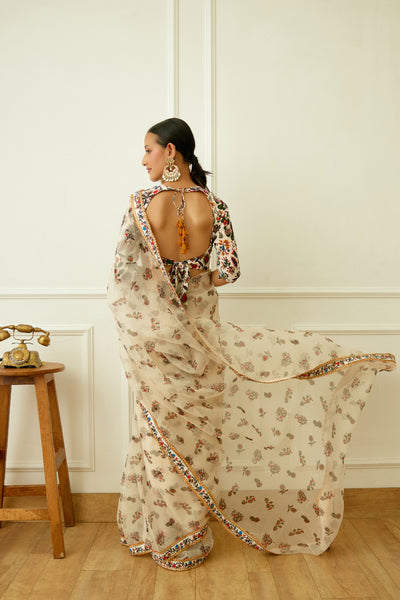 Nikasha Ivory Kohinoor Jaal Pure Silk Organza Saree Indian designer wear online shopping melange singapore