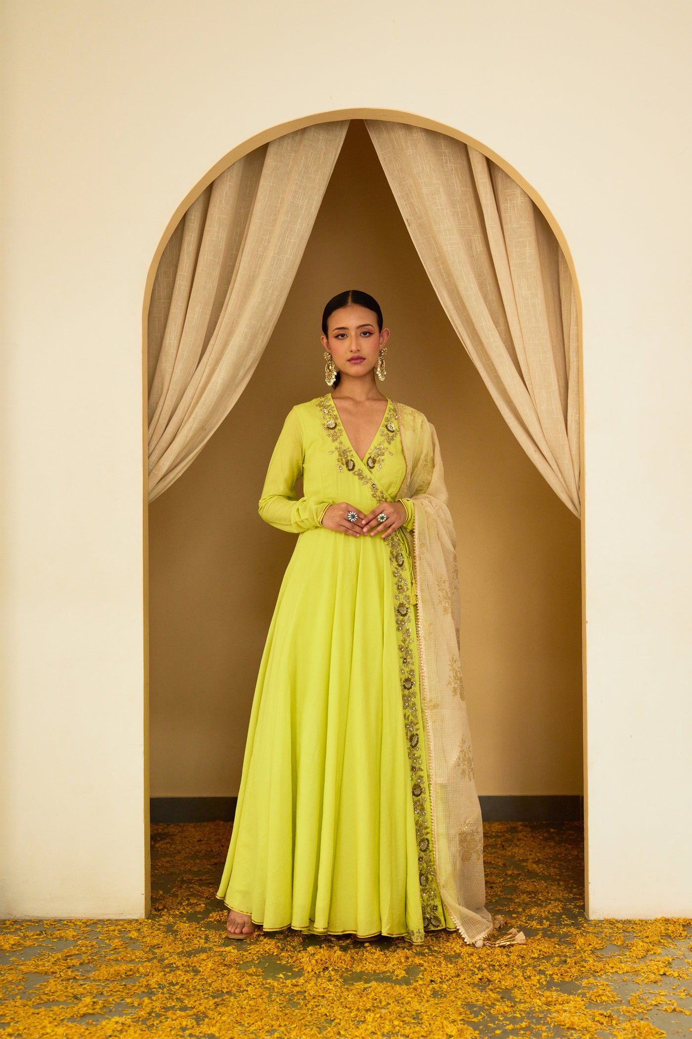 Nikasha Lime Green Embroidered Angrakha Set Indian designer wear online shopping melange singapore
