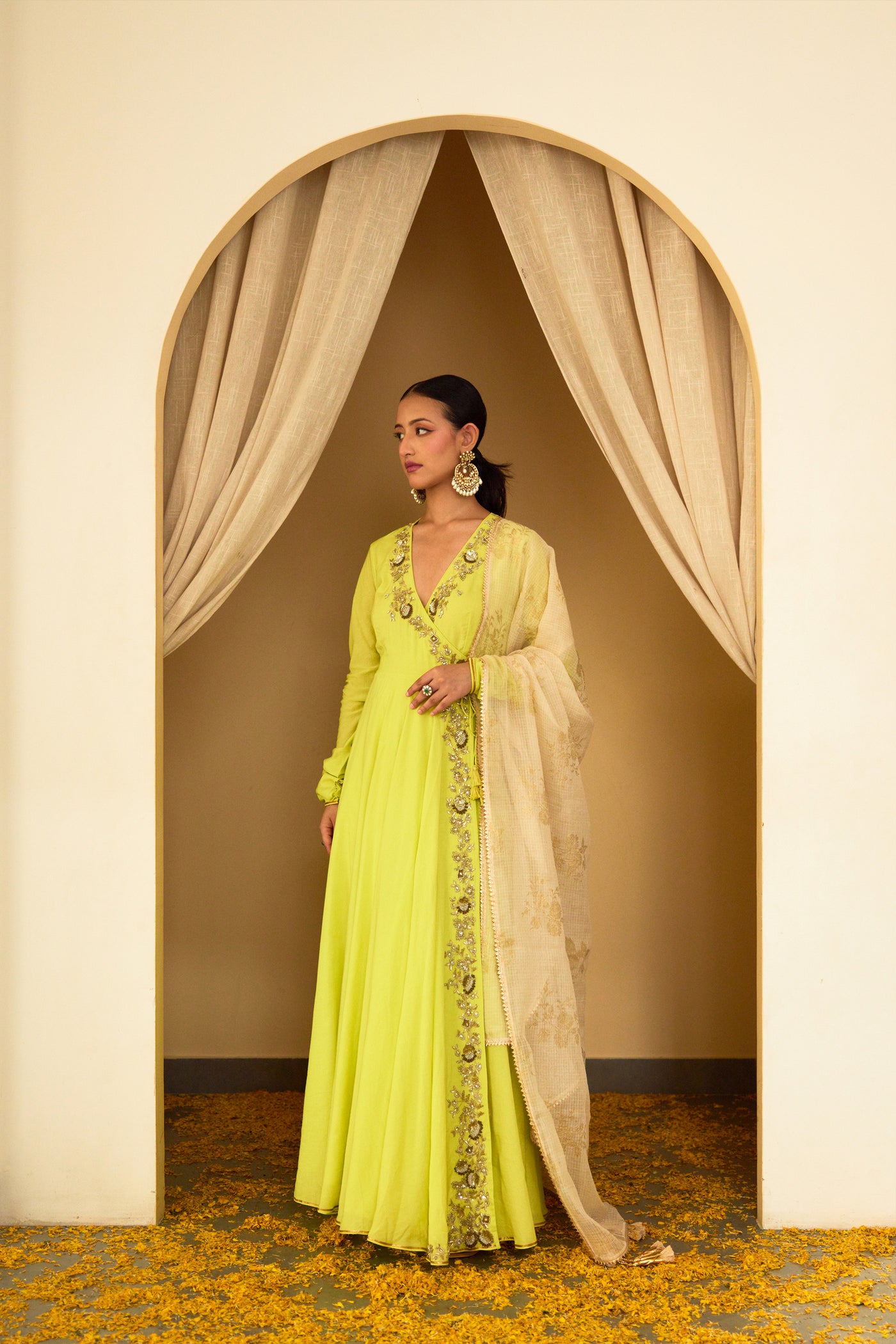 Nikasha Lime Green Embroidered Angrakha Set Indian designer wear online shopping melange singapore