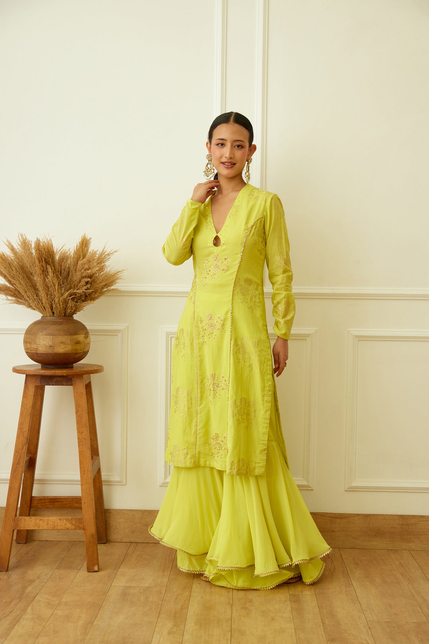 Nikasha Lime Green Foil Embroidered Sharara Set Indian designer wear online shopping melange singapore