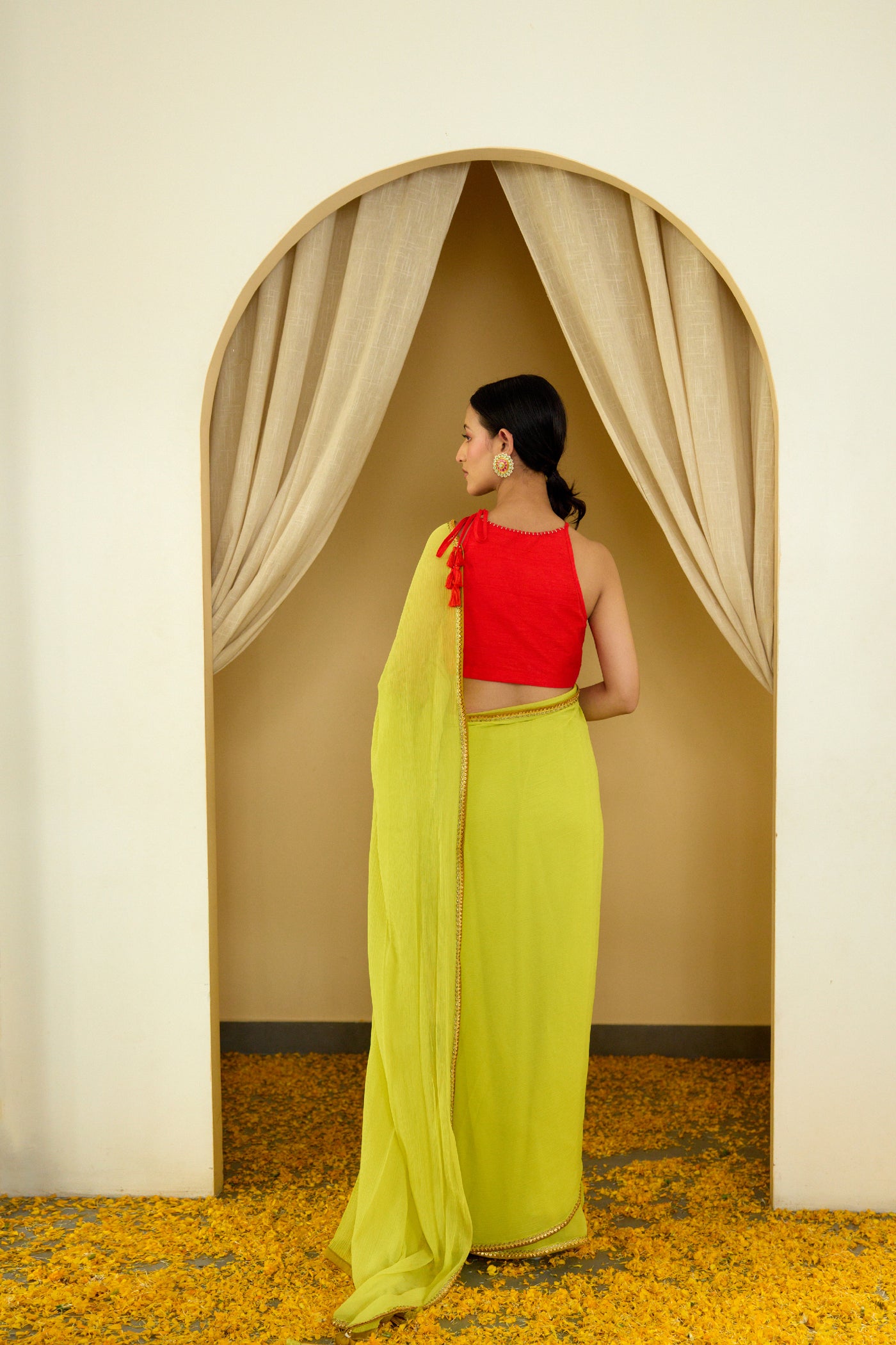 Nikasha Lime Green Pure Silk Chiffon Saree Indian designer wear online shopping melange singapore