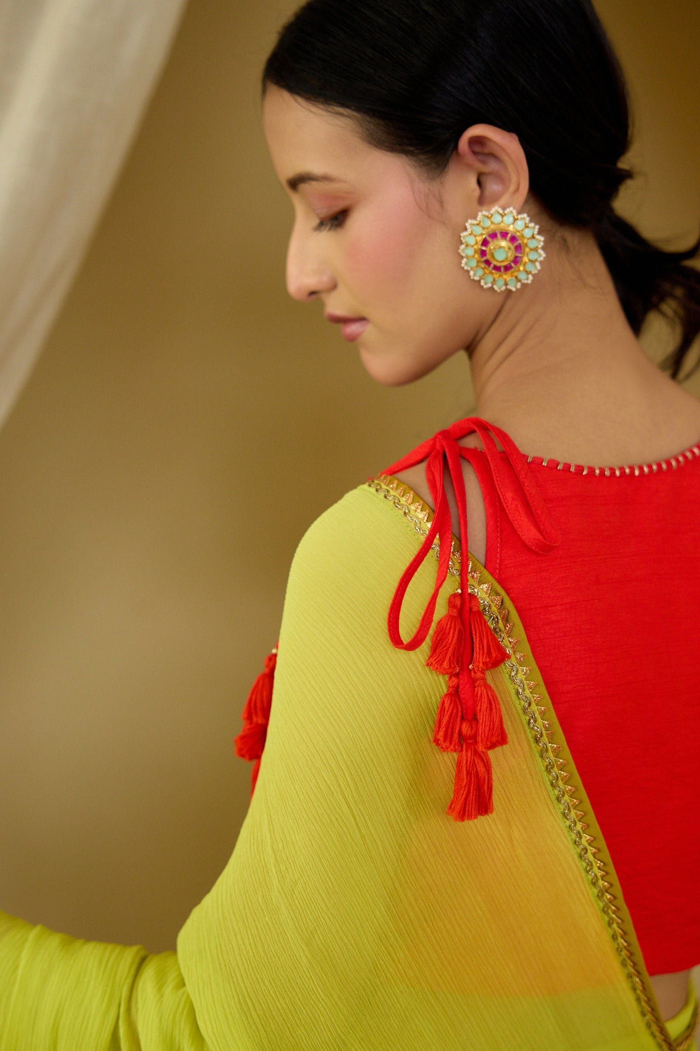 Nikasha Lime Green Pure Silk Chiffon Saree Indian designer wear online shopping melange singapore