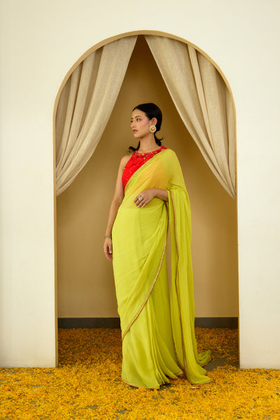 Nikasha Lime Green Pure Silk Chiffon Saree Indian designer wear online shopping melange singapore
