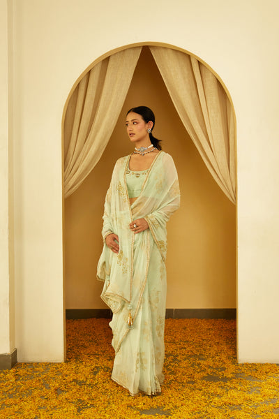 Nikasha Mint Foil Pure Silk Chiffon Saree Indian designer wear online shopping melange singapore
