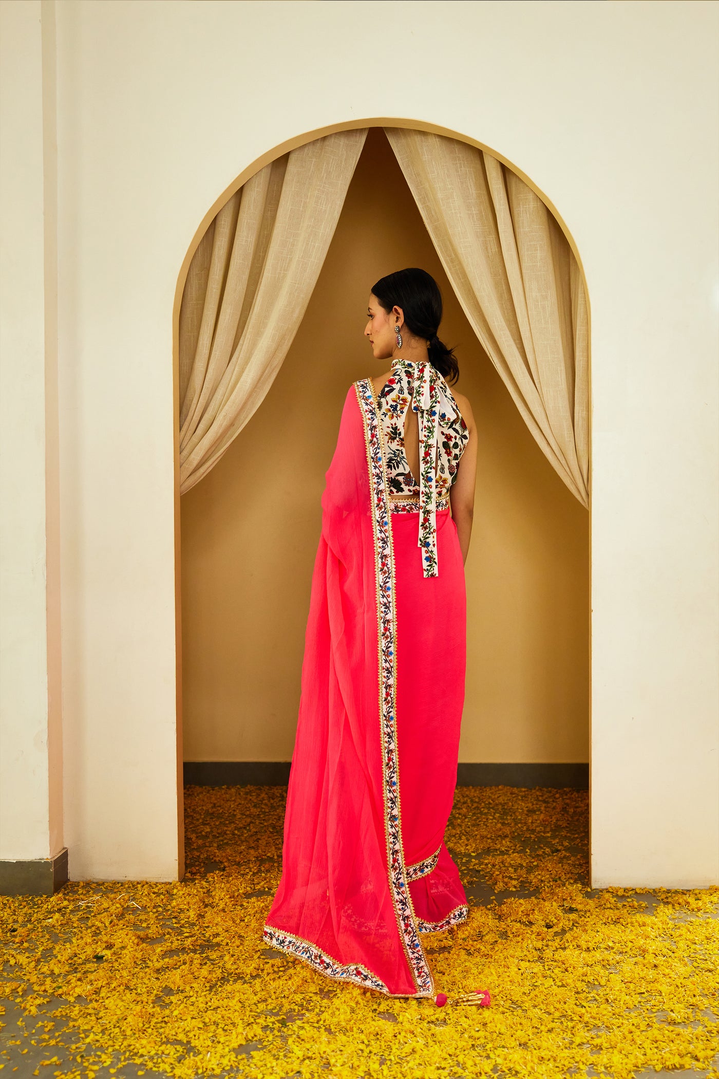 Nikasha Mithai Pink Pure Silk Chiffon Saree Indian designer wear online shopping melange singapore