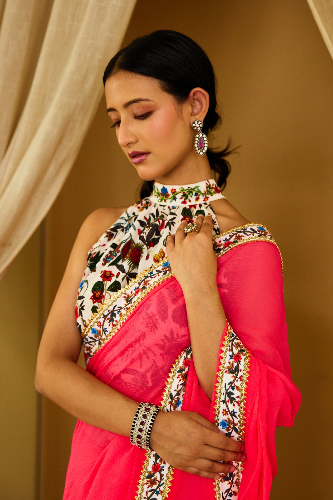 Nikasha Mithai Pink Pure Silk Chiffon Saree Indian designer wear online shopping melange singapore