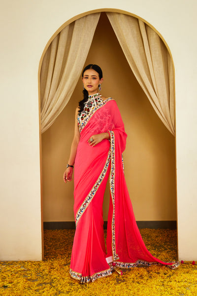 Nikasha Mithai Pink Pure Silk Chiffon Saree Indian designer wear online shopping melange singapore