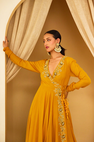 Nikasha Ochre Embroidered Angrakha Set Indian designer wear online shopping melange singapore