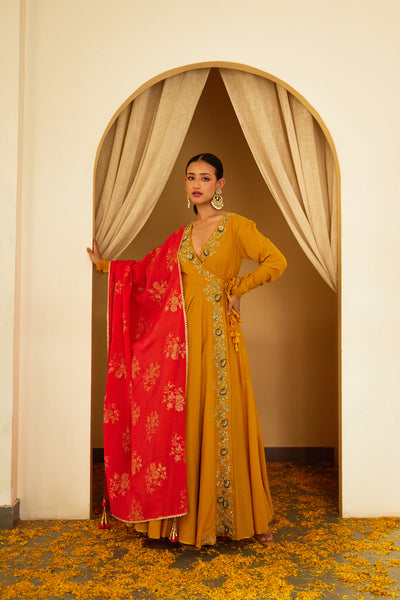 Nikasha Ochre Embroidered Angrakha Set Indian designer wear online shopping melange singapore