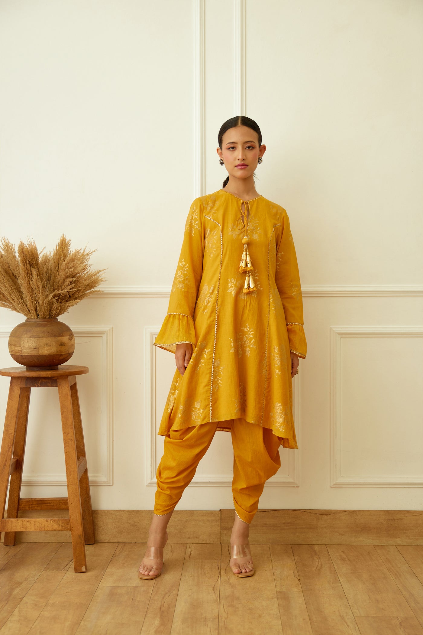 Nikasha Ochre Foil Dhoti Indian designer wear online shopping melange singapore