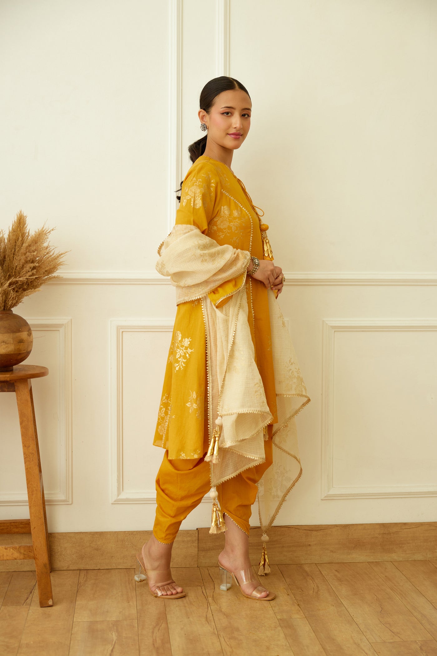 Nikasha Ochre Foil Dhoti Set Indian designer wear online shopping melange singapore