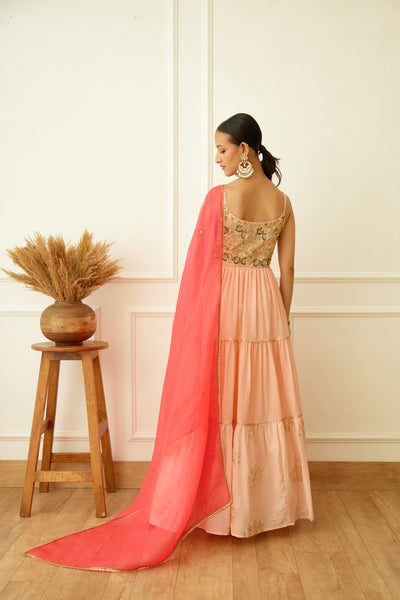 Nikasha Peach Foil Embroidered Kalidar Set Indian designer wear online shopping melange singapore