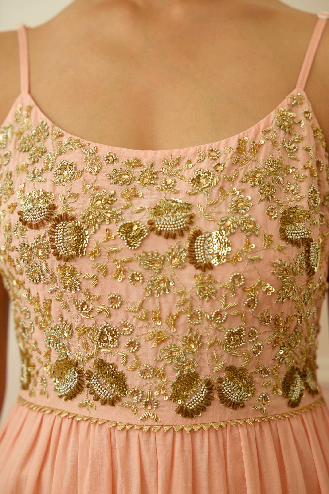 Nikasha Peach Foil Embroidered Kalidar Set Indian designer wear online shopping melange singapore
