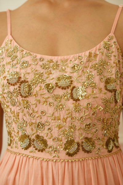 Nikasha Peach Foil Embroidered Kalidar Set Indian designer wear online shopping melange singapore