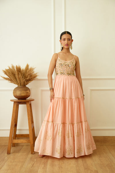 Nikasha Peach Foil Embroidered Kalidar Set Indian designer wear online shopping melange singapore