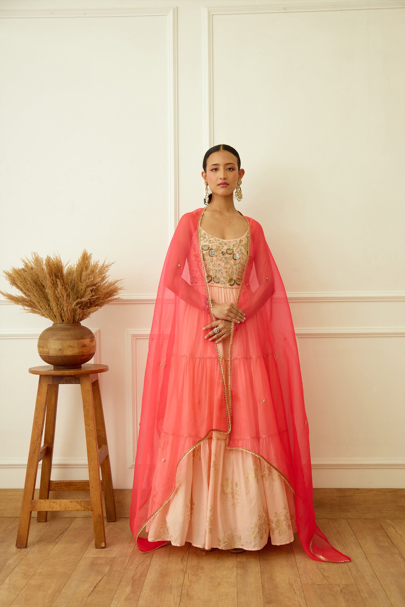 Nikasha Peach Foil Embroidered Kalidar Set Indian designer wear online shopping melange singapore