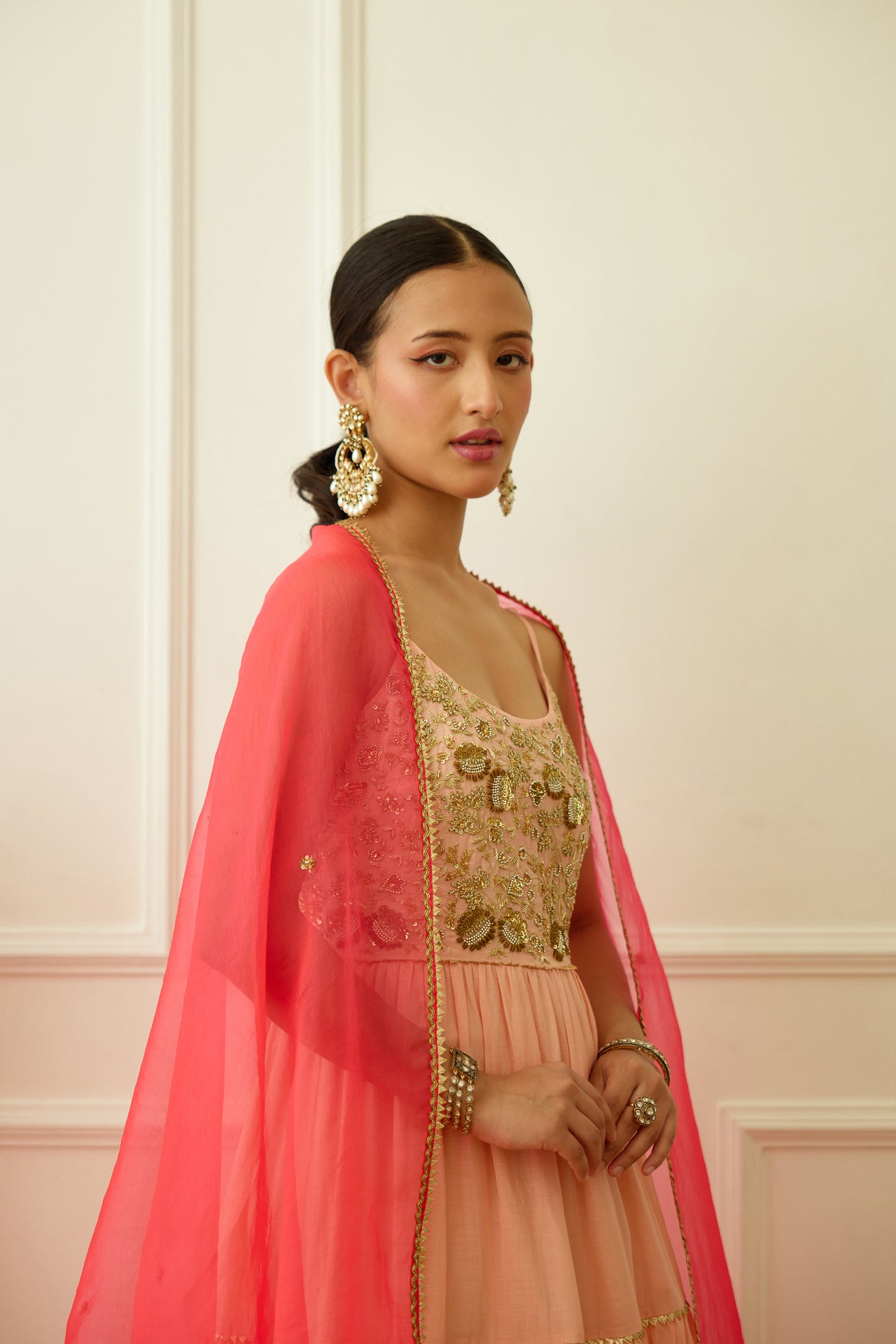 Nikasha Peach Foil Embroidered Kalidar Set Indian designer wear online shopping melange singapore