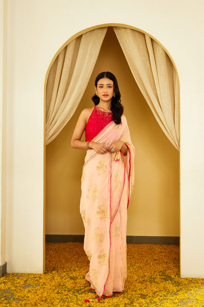 Nikasha Peach Foil Pure Silk Chiffon Saree Indian designer wear online shopping melange singapore