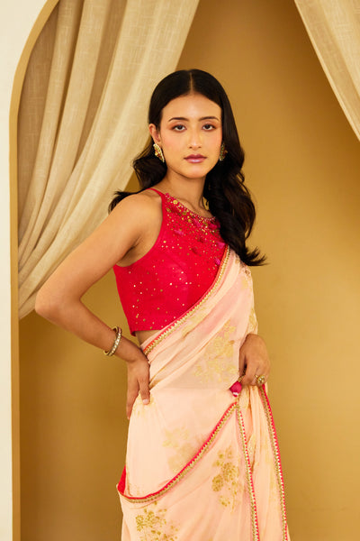 Nikasha Peach Foil Pure Silk Chiffon Saree Indian designer wear online shopping melange singapore