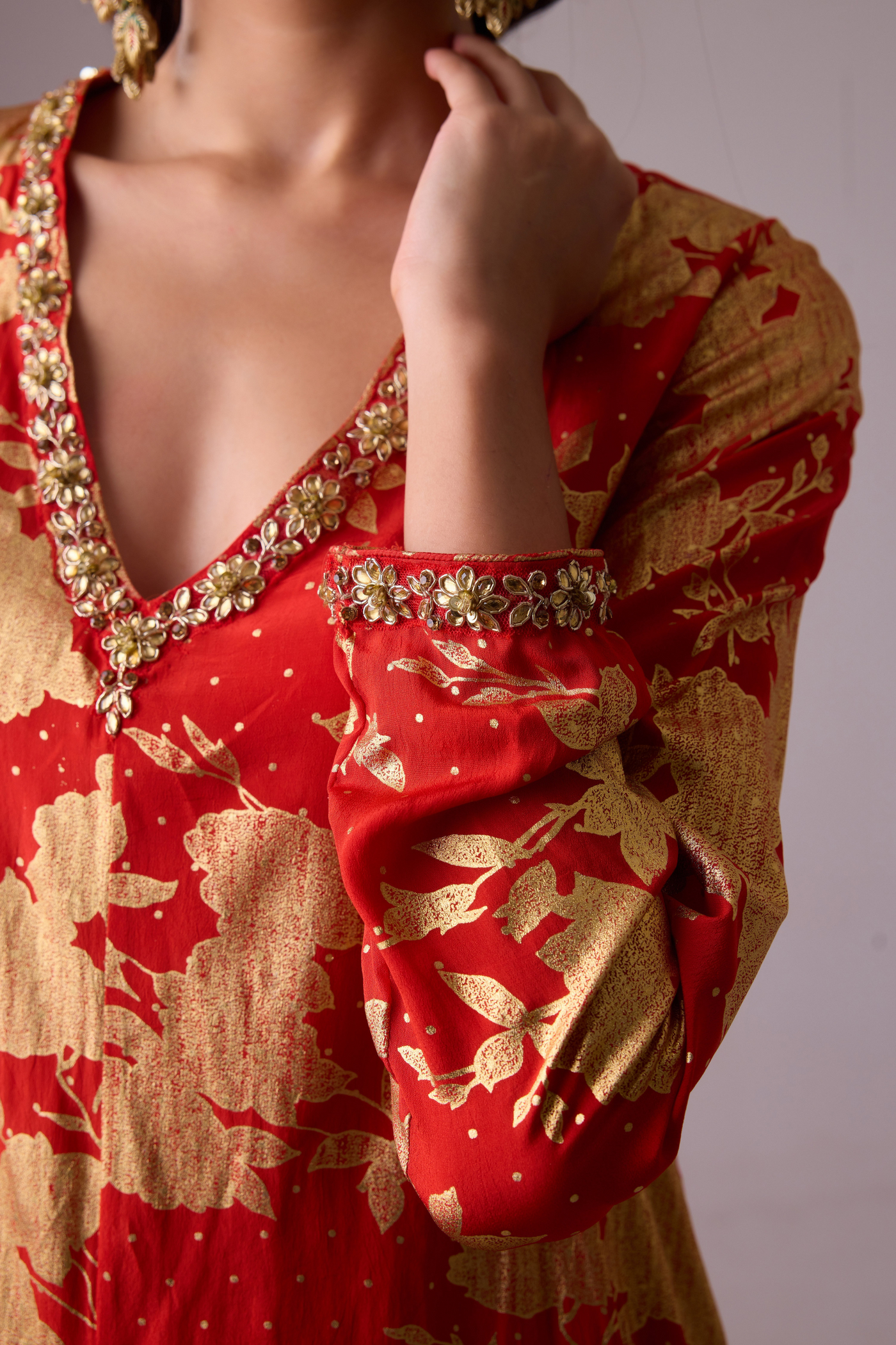 Nikasha Long Asymmetrical Foil Printed Kurta Red Melange Singapore Online Shopping Womenswear