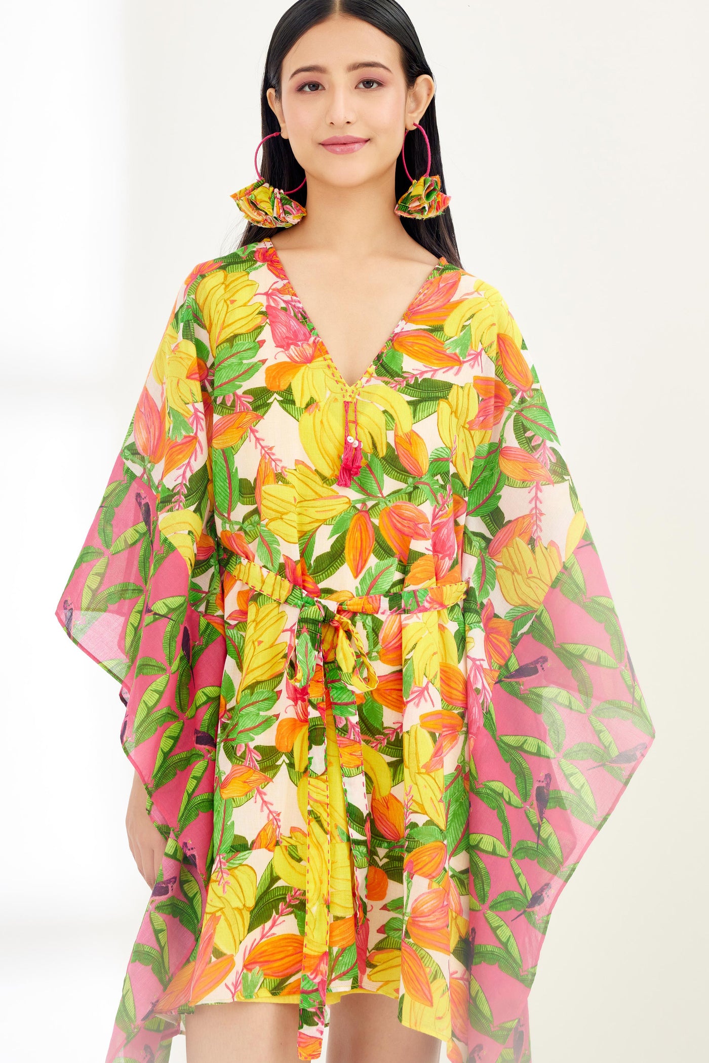 Nikasha Bespoke Hand Painted Banana Fruit Fuchsia Pink Border Kaftan Dress Indian designer wear online shopping melange singapore