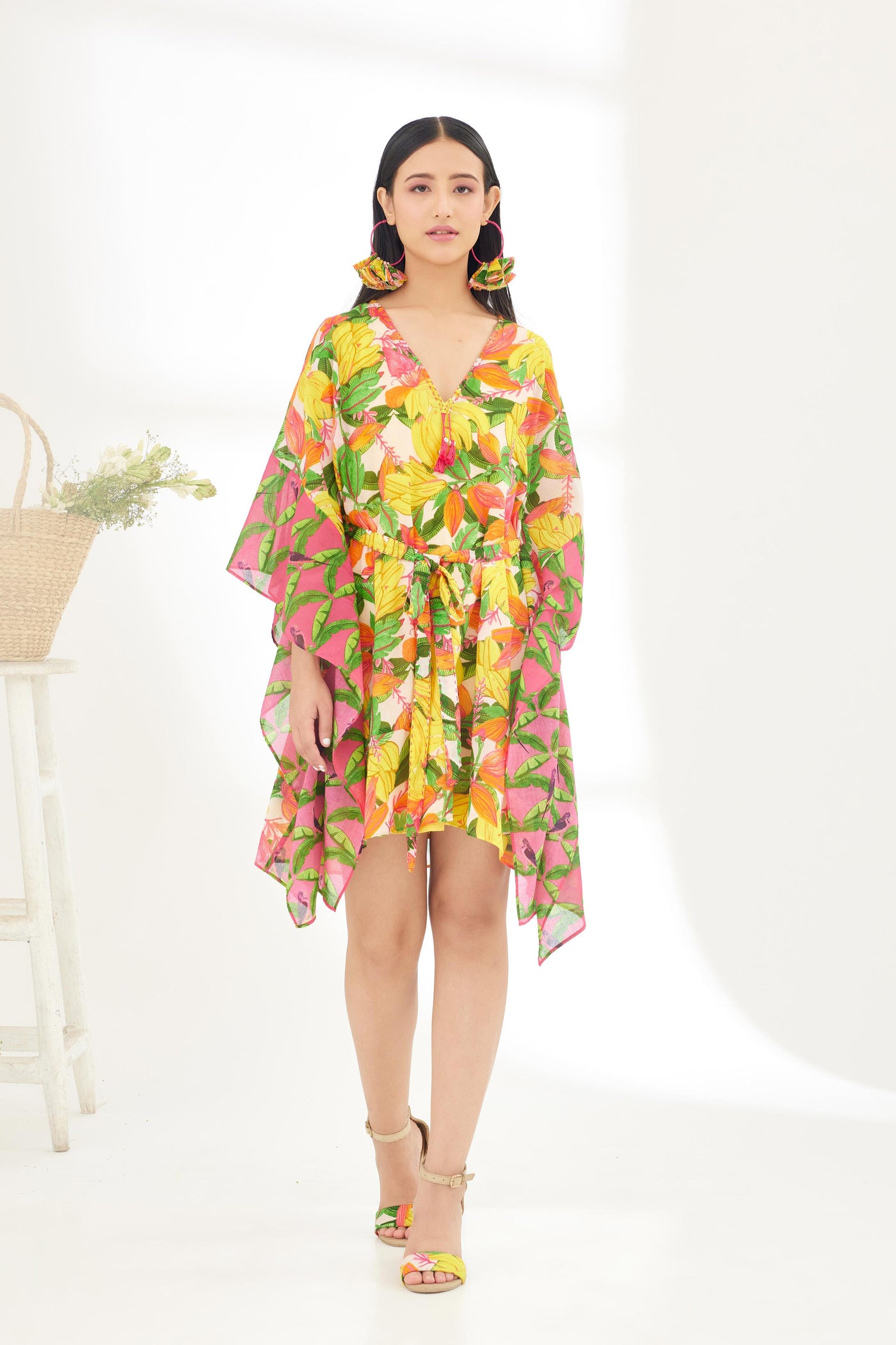 Nikasha Bespoke Hand Painted Banana Fruit Fuchsia Pink Border Kaftan Dress Indian designer wear online shopping melange singapore