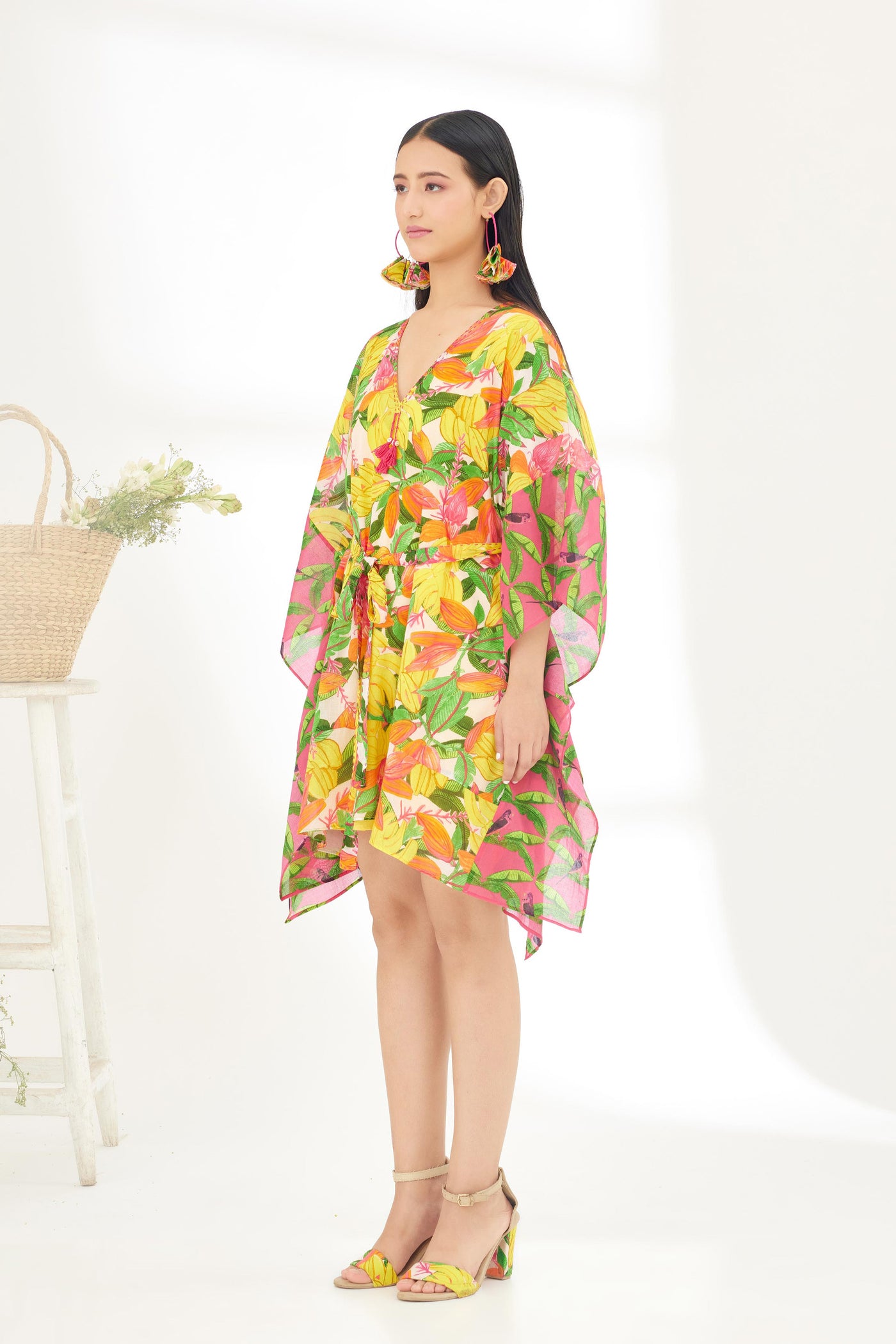 Nikasha Bespoke Hand Painted Banana Fruit Fuchsia Pink Border Kaftan Dress Indian designer wear online shopping melange singapore