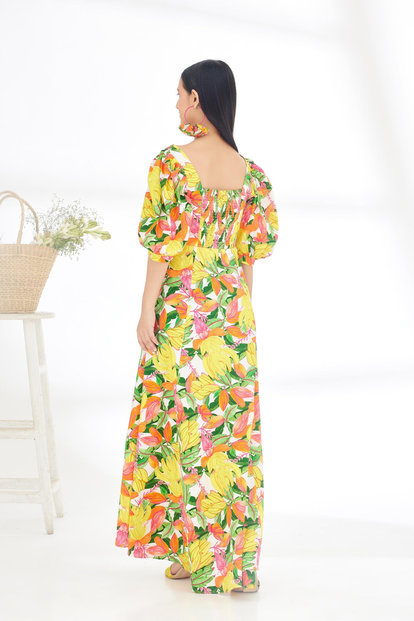 Nikasha Bespoke Hand Painted Banana Fruit Print Cutout Dress Indian designer wear online shopping melange singapore